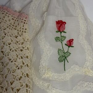Vintage Cottagecore Apron Set Crochet Lace Embroidered Rose Sheer Hostess